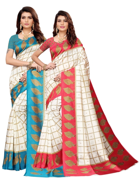 

AADVIKA Pack of 2 White & Blue Checked Art Silk Mysore Silk Saree