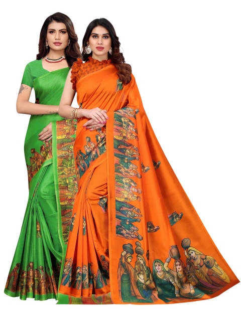 

AADVIKA Orange & Green Set of 2 Ethnic Motifs Printed Art Silk Mysore Silk Saree