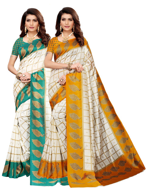 

AADVIKA Pack Of 2 Off White & Yellow Woven Design Art Silk Saree