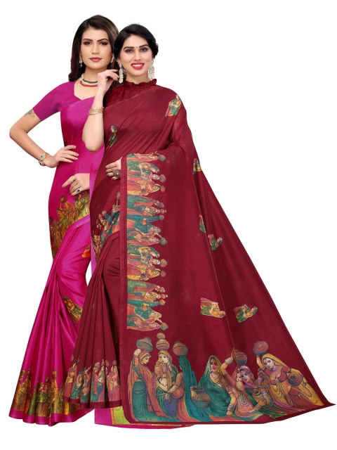 

AADVIKA Maroon & Pink Set of 2 Ethnic Motifs Printed Art Silk Mysore Silk Saree
