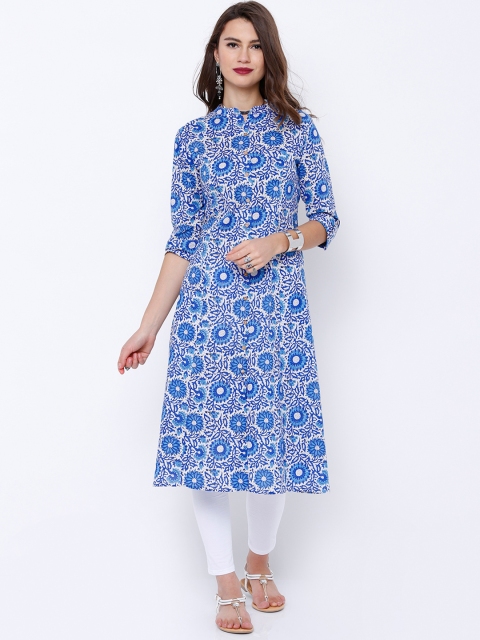 

Vishudh White & Blue Floral Print A-line Kurta