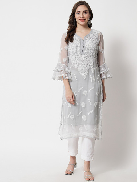 

PARAMOUNT CHIKAN Women Grey Ethnic Motifs Embroidered Flared Sleeves Chikankari Georgette Kurta