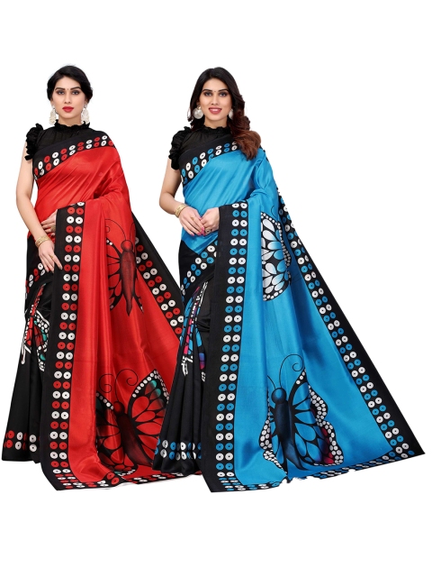 

AADVIKA Pack of 2 Red & Turquoise Blue Printed Art Silk Mysore Silk Saree