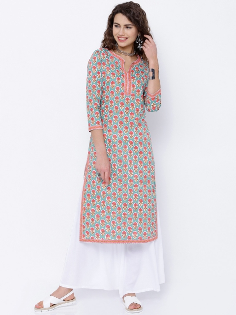 

Vishudh Turquoise Blue & Pink Floral Print Kurta