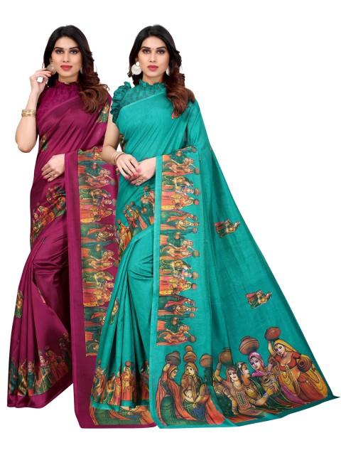 

AADVIKA Pack Of 2 Green & Purple Kalamkari Silk Blend Saree