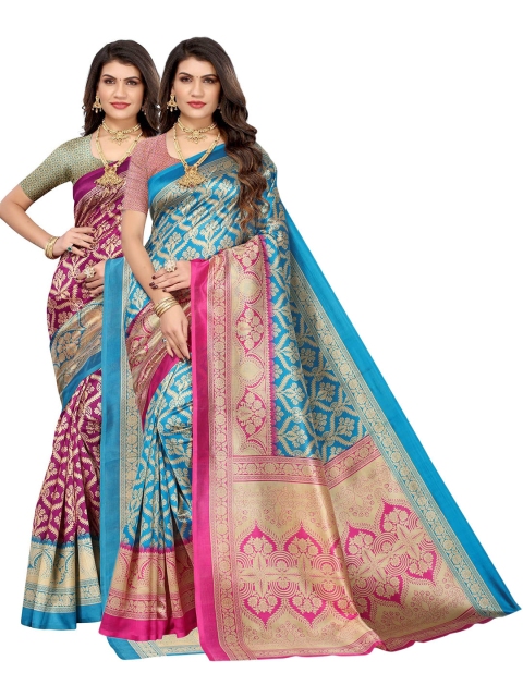 

AADVIKA Turquoise Blue & Pink Set of 2 Ethnic Motifs Printed Art Silk Mysore Silk Saree