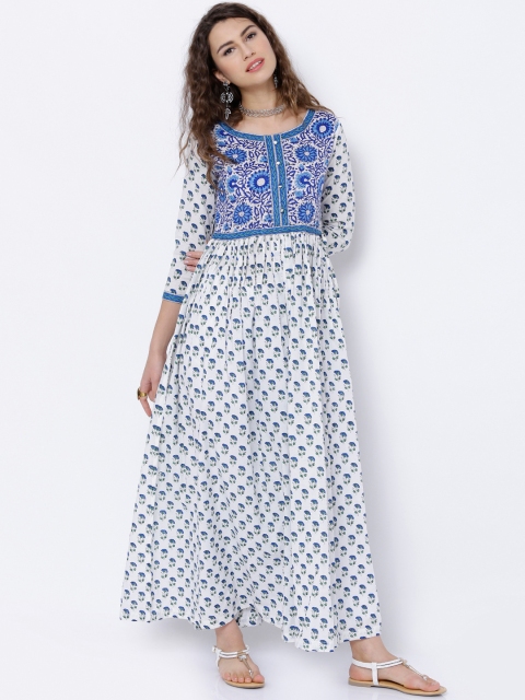 

Vishudh White & Blue Printed A-Line Kurta