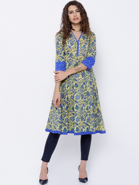 

Vishudh Yellow & Blue Printed A-Line Kurta