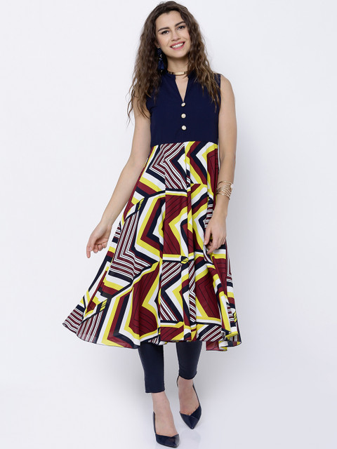 

Vishudh Navy & Maroon Printed A-Line Kurta, Navy blue