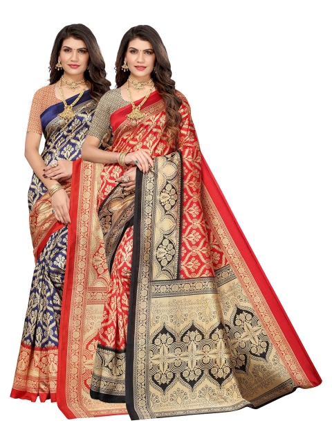 

AADVIKA Navy Blue & Red Set of 2 Ethnic Motifs Printed Art Silk Mysore Silk Saree