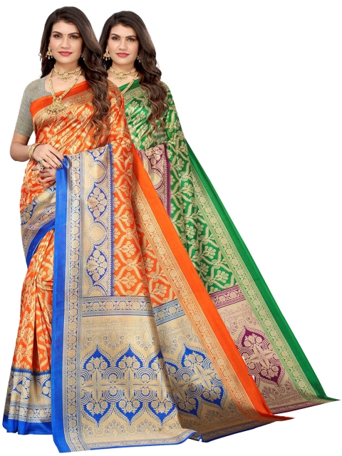 

AADVIKA Pack Of 2 Orange & Green Woven Design Art Silk Saree