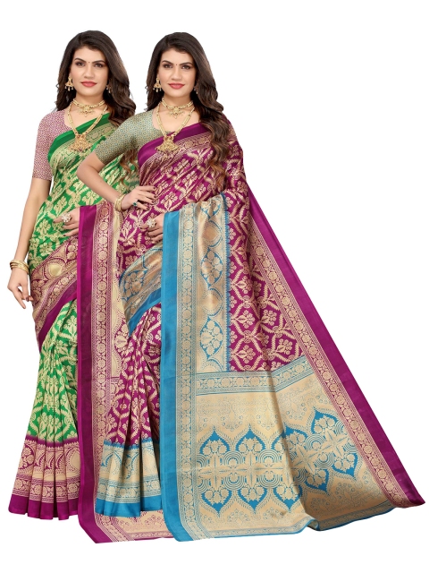 

AADVIKA Pack Of 2 Green & Purple Floral Mysore Silk Saree