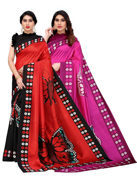 

AADVIKA Women Pink & Orange Set of 2 Printed Art Silk Mysore Silk Saree