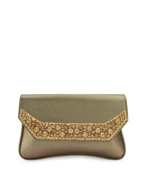 

INAAYA Olive Green & Gold-Toned Embellished Envelope Clutch