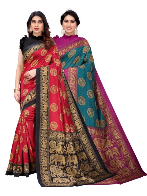 

AADVIKA Pack Of 2 Red & Teal Woven Design Art Silk Saree
