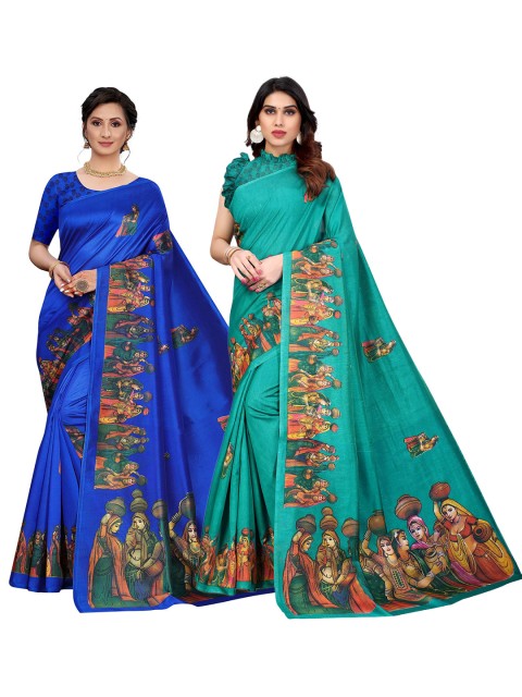 

AADVIKA Pack Of 2 Blue & Green Art Silk Saree