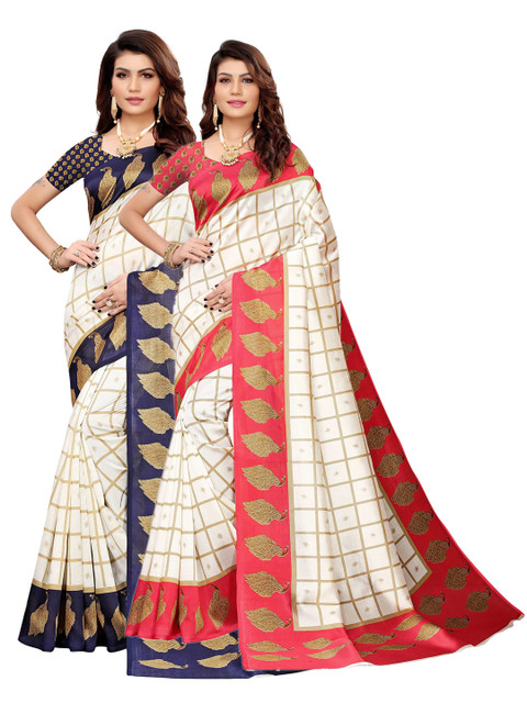 

AADVIKA Pack of 2 Navy Blue & Pink Checked Art Silk Mysore Silk Saree