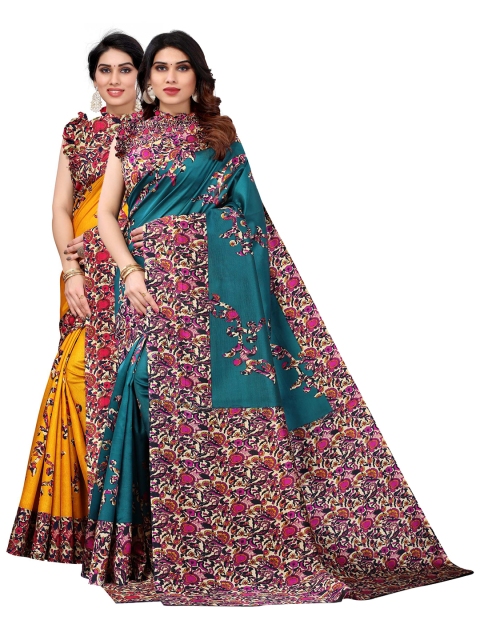 

AADVIKA Pack of 2 Yellow & Teal Floral Art Silk Mysore Silk Saree