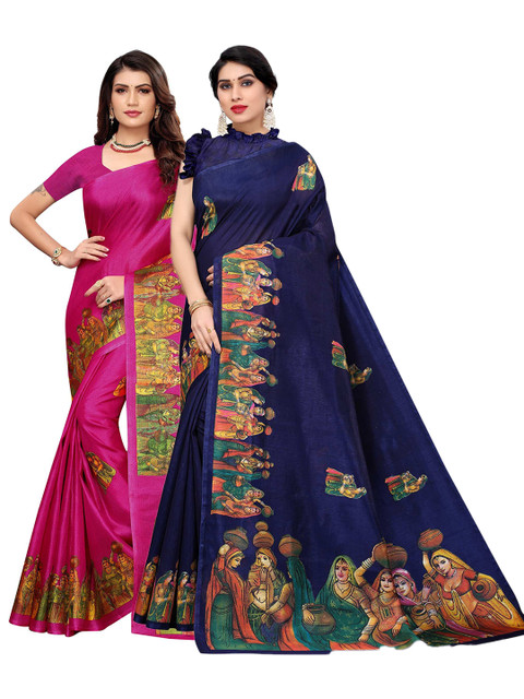 

AADVIKA Pack Of 2 Pink & Navy Blue Ethnic Motifs Art Silk Mysore Silk Saree