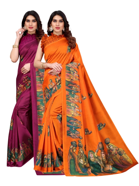 

AADVIKA Orange & Burgundy Set of 2 Ethnic Motifs Printed Art Silk Mysore Silk Saree