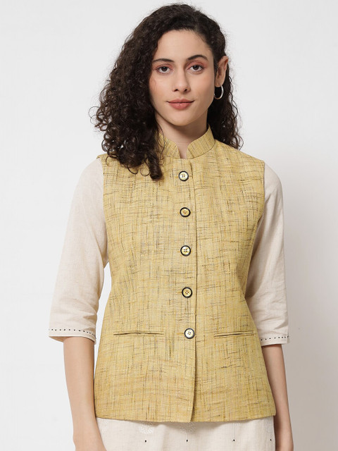 

Vastraa Fusion Women Yellow Checked Cotton Nehru Jackets