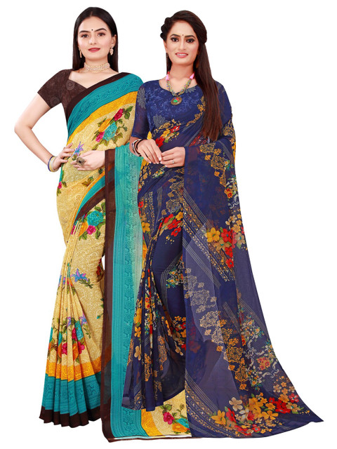 

SAADHVI Beige & Navy Blue Pure Georgette Saree