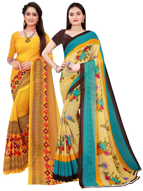 

SAADHVI Beige & Yellow Pure Georgette Saree