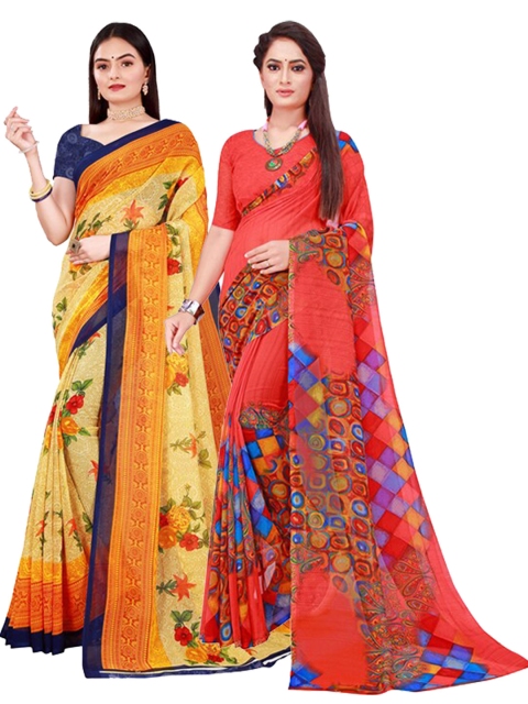 

SAADHVI Red & Beige Pure Georgette Saree