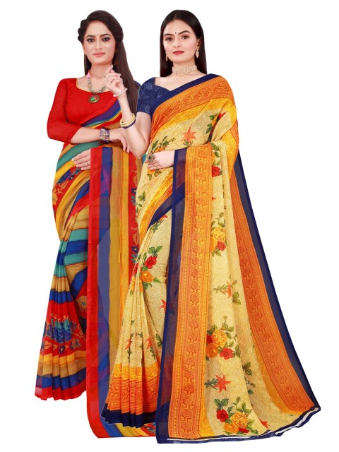 

SAADHVI Red & Orange Floral Pure Georgette Saree