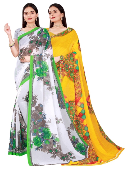 

SAADHVI White & Yellow Pure Georgette Saree