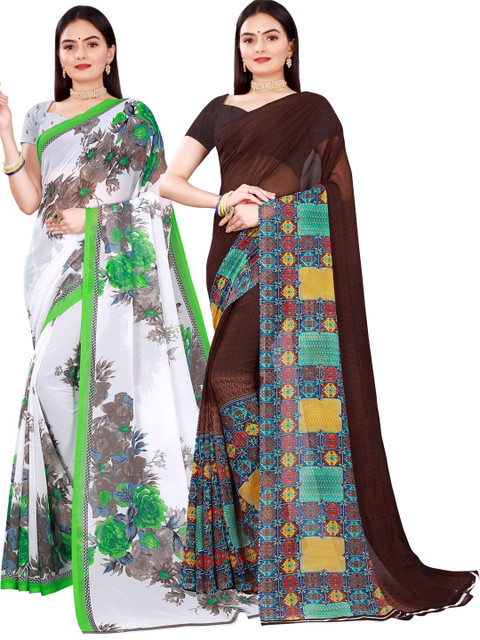

SAADHVI White & Brown Pure Georgette Saree