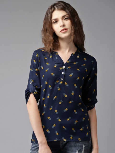 

Moda Rapido Women Navy Tropical Printed Top, Navy blue