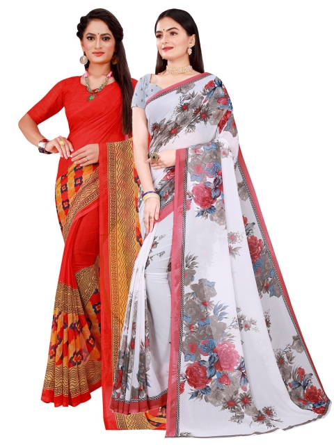 

Florence Pack Of 2 Red & White Floral Pure Georgette Saree