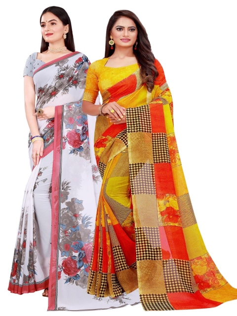 

Florence Pack Of 2 White & Yellow Floral Pure Georgette Saree