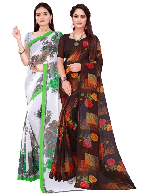 

Florence Pack Of 2 White & Brown Floral Pure Georgette Saree