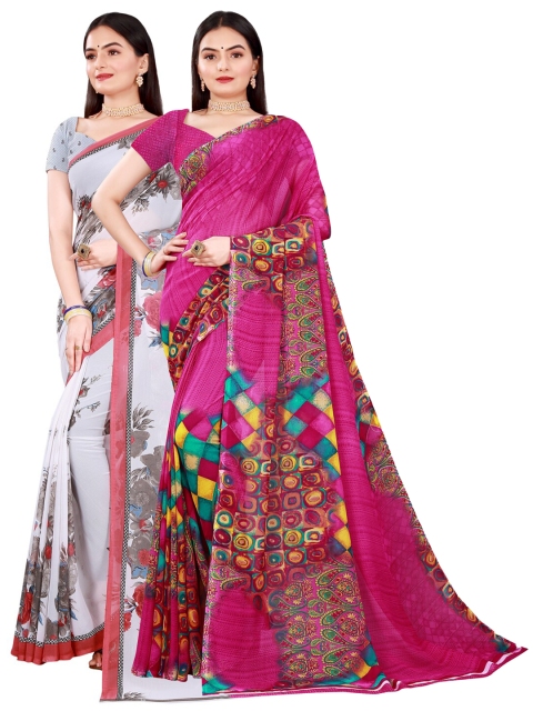 

KALINI Pack Of 2 Magenta & White Floral Pure Georgette Saree