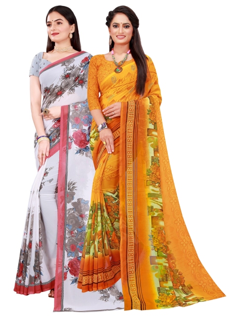 

KALINI Pack Of 2 White & Yellow Floral Pure Georgette Saree