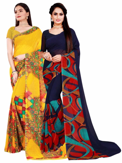 

KALINI Yellow & Navy Blue Pure Georgette Saree