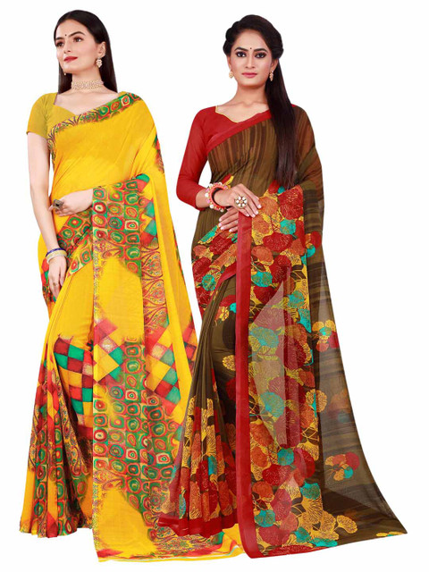 

KALINI Yellow & Brown Pure Georgette Saree