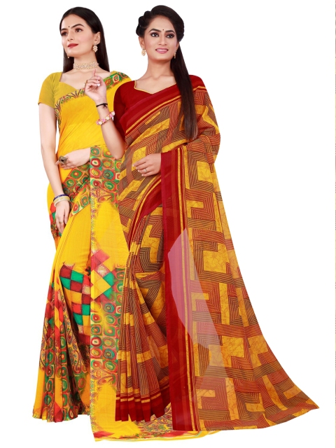 

KALINI Yellow & Maroon Pure Georgette Saree