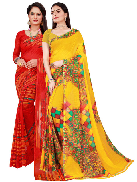 

KALINI Yellow & Red Pure Georgette Saree
