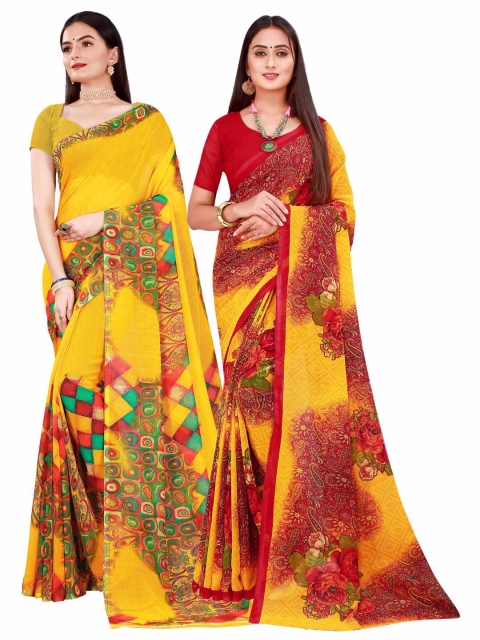 

KALINI Yellow & Maroon Pure Georgette Saree