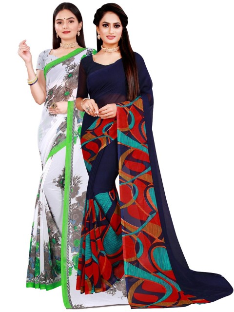 

KALINI White & Navy Blue Pure Georgette Saree