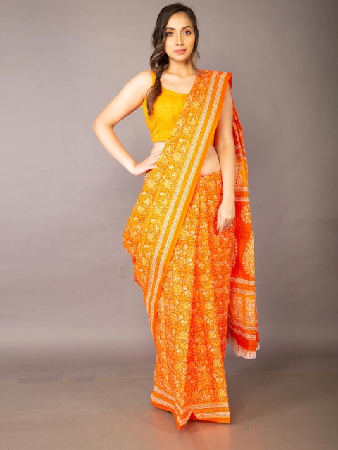 

Unnati Silks Orange & White Dabu Pure Cotton Kovai Saree