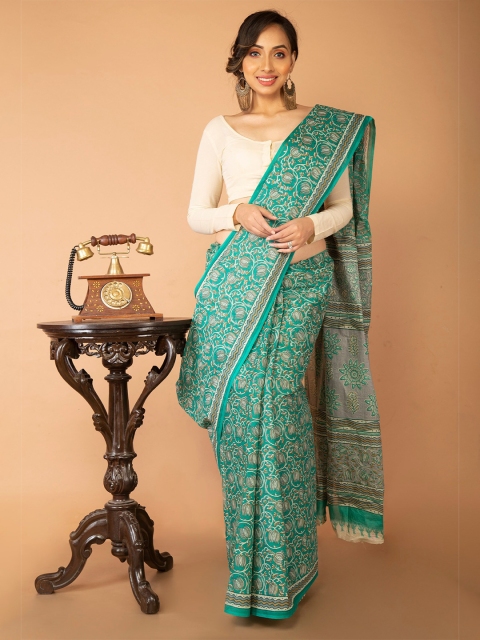 

Unnati Silks Green & White Block Printed Pure Cotton Saree