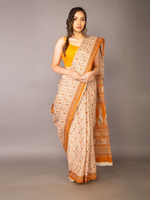

Unnati Silks Cream-Coloured & Orange Ethnic Motifs Pure Cotton Kovai Saree