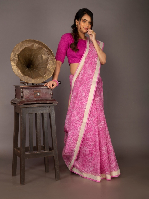 

Unnati Silks Pink & Silver-Toned Ethnic Motifs Silk Cotton Chanderi Saree