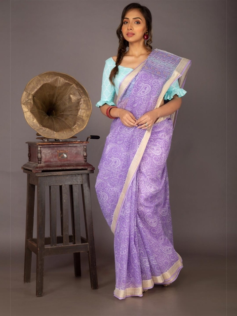 

Unnati Silks Violet & Gold-Toned Ethnic Motifs Silk Cotton Chanderi Saree