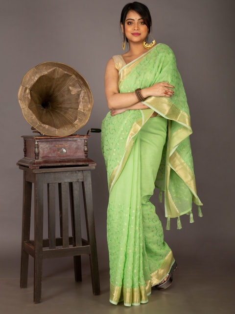 

Unnati Silks Green & Gold-Toned Woven Design Silk Cotton Chanderi Saree
