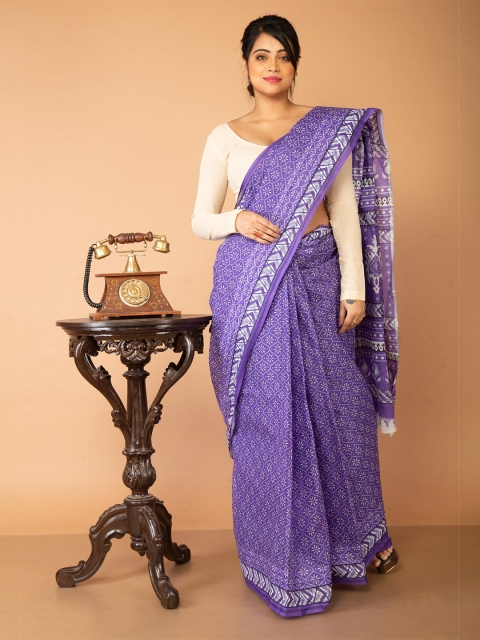 

Unnati Silks Blue & White Ethnic Motifs Pure Cotton Kovai Saree